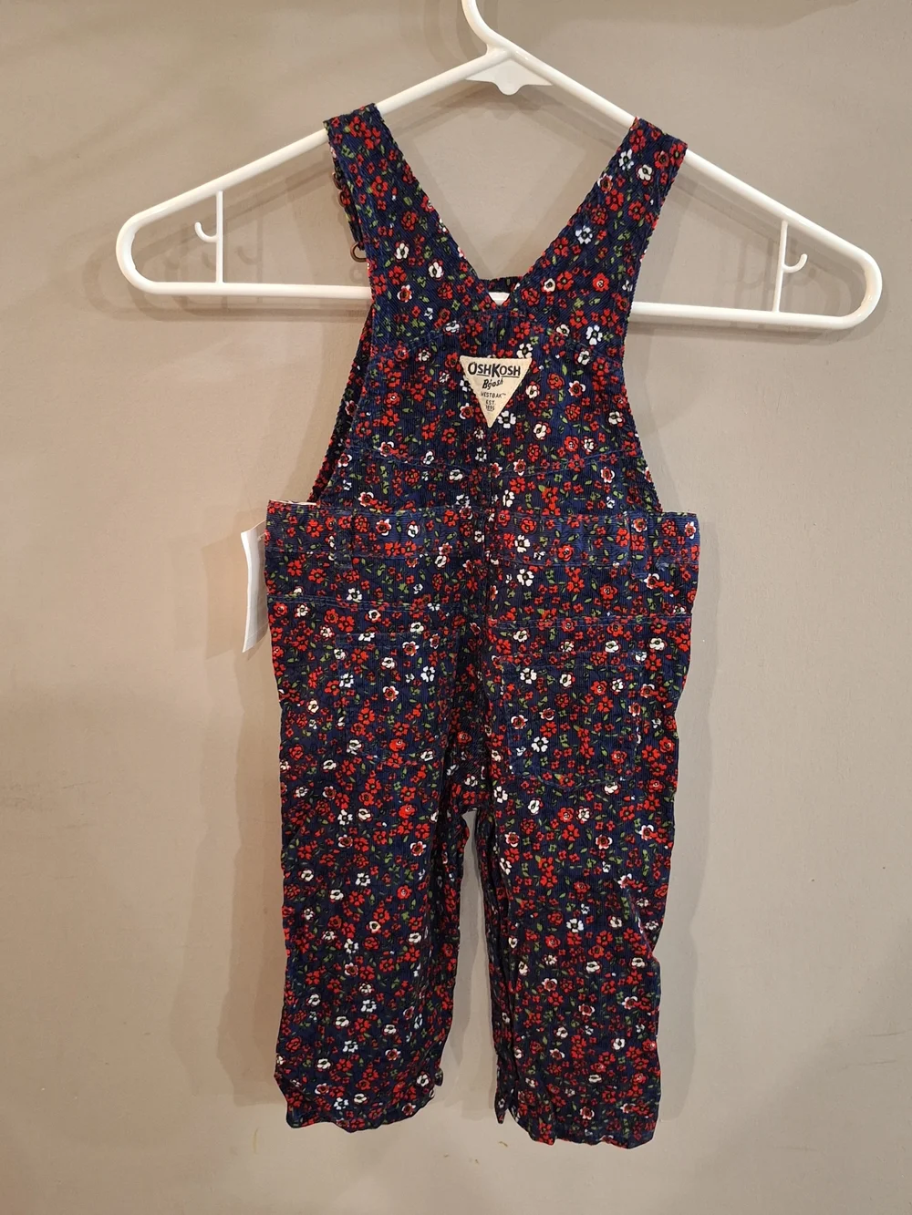 OshKosh B'gosh Navy Floral Corduroy Overalls Red and Green Flowers 12 Months